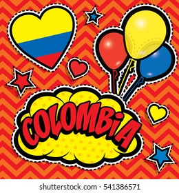 Happy Birthday COLOMBIA - Pop art fashion chic patches, badges, pins and stickers. Happy Independence Day .Vector Illustration with country flag.