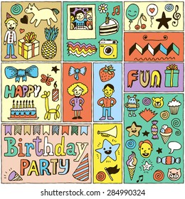 Happy birthday color doodle banner cards set 2. Hand drawn vector illustration.