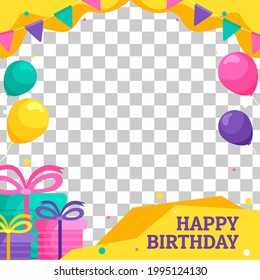 Happy birthday color vector frame. Inscription, gifts and sweet candy. Photo frame