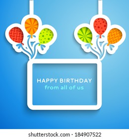 Happy birthday colorful applique background. Vector illustration for your funny holiday design. Banner of applique for your greeting postcard. Balloon and frame cut out white paper. Blue, white color.