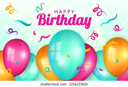 Happy birthday with colorful balloons and bokeh light on cyan background premium vector