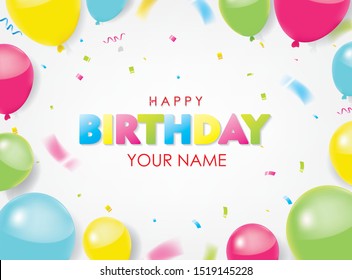 Happy Birthday with colorful balloons and confetti background. 3D paper cut sign, greeting, congratulations design
