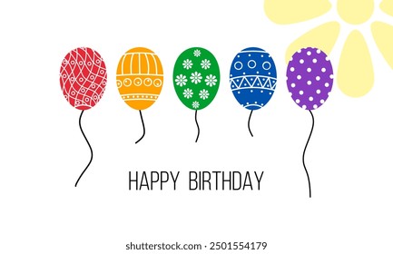 Feliz cumpleaños y globos de colores Vector Tarjeta de felicitación Plantilla, Plantilla de decoración de fiesta para niños, mejores deseos de jubileo