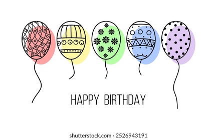 Feliz cumpleaños y globos de colores Vector Tarjeta de felicitación Plantilla, Plantilla de decoración de fiesta para niños, mejores deseos de jubileo