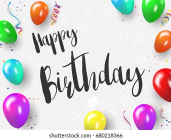 Happy birthday colorful balloons, vector illustration. Confetti and ribbons, Celebration background template with.