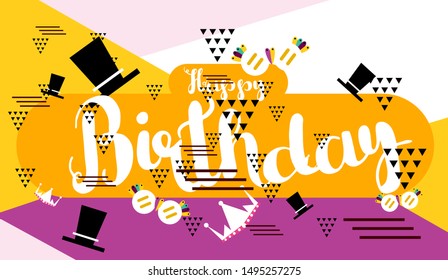 happy birthday, colorful banner with square frame, photo booth props and masks on colorful background. Vector illustration.