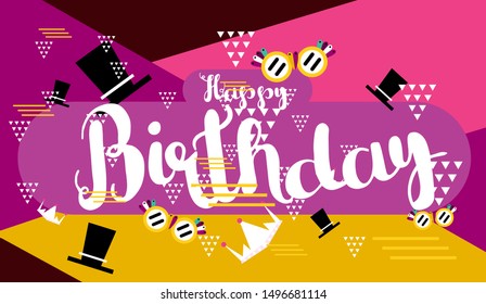 happy birthday, colorful banner with square frame, photo booth props and masks on colorful background. Vector illustration.