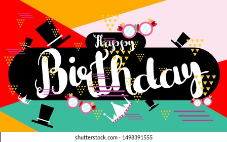 happy birthday, colorful banner with square frame, photo booth props and masks on colorful background. Vector illustration.