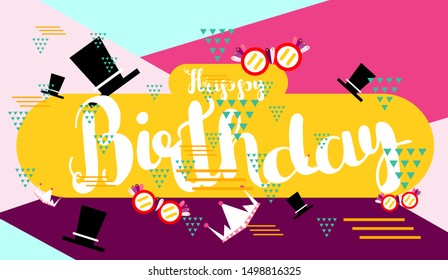 happy birthday, colorful banner with square frame, photo booth props and masks on colorful background. Vector illustration.