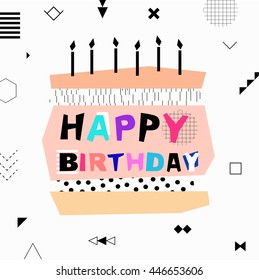 Happy birthday colorful banner in tribal geometric memphis style with birthday cake and candles. Vector illustration