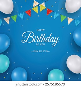 Happy Birthday Colorful blue Background with Balloons, Bunting Flags, Confetti, and Happy Birthday Greeting - Perfect for Invitations, Greeting Cards, and Festive Celebrations"