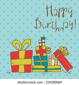 happy birthday colorful greeting card, polka dot background, hand drawn lettering 