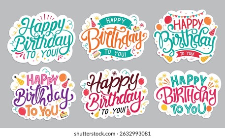 Feliz aniversário colorido modelo clipart definido. Coleção de clip-arts multicoloridos de texto da tipografia de aniversário para ilustração vetorial de elementos gráficos estacionários e scrapbook. 
