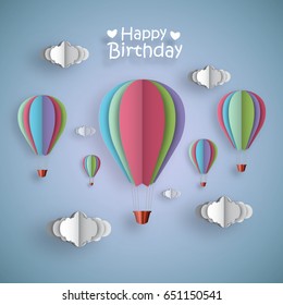 Happy Birthday with Colorful Hot Air Balloon, Origami and Paper Art Style