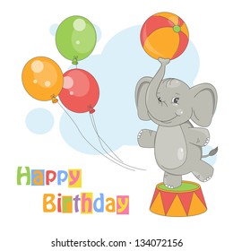 Happy Birthday. Colorful illustration of cute elephant with ball on white background