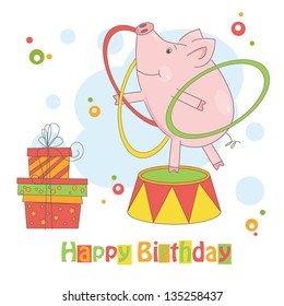 Happy Birthday. Colorful illustration of cute little pig playing with hula hoop.