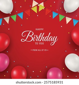 Happy Birthday Colorful Red Background with Balloons, Bunting Flags, Confetti, and Happy Birthday Greeting - Perfect for Invitations, Greeting Cards, and Festive Celebrations"