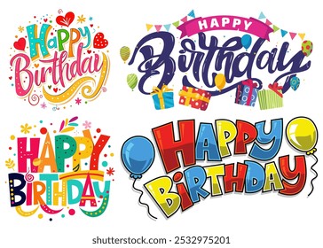 Happy Birthday Colorful Text Graphics Sets, Festive Typography Designs, Joyful Celebration Elements, Vibrant Party Decor, Cheerful Birthday Lettering