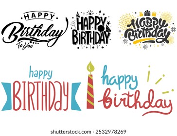 Happy Birthday Colorful Text Sets, Festive Typography Designs, Joyful Celebration Elements, Vibrant Party Decor, Cheerful Birthday Lettering