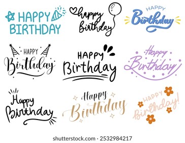 Happy Birthday Colorful Text Sets, Festive Typography Designs, Joyful Celebration Elements, Vibrant Party Decor, Cheerful Birthday Lettering