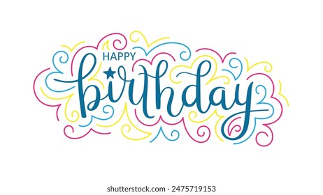 FELIZ CUMPLEAÑOS colorido Vector mano tarjeta de letras sobre fondo blanco