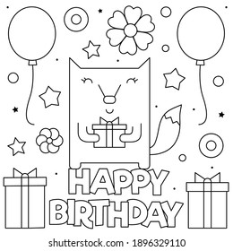 Happy Birthday. Coloring Page. Black And White Vector Illustration Of A Fox