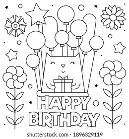 Happy Birthday. Coloring page. Black and white vector illustration of a cat with balloons
