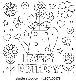 Happy Birthday. Coloring page. Black and white vector illustration of flowers