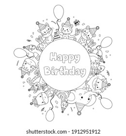 Happy birthday coloring page for children. Cute cartoon zoo animals. Outline black and white vector illustration.