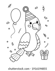 Happy birthday coloring page for children. Cute parrot with gift and balloons. Outline black and white vector illustration. Jungle animals.