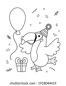 Happy Birthday coloring page for children. Cute cartoon toucan with gift and balloon. Jungle bird. Black and white outline vector illustration.
