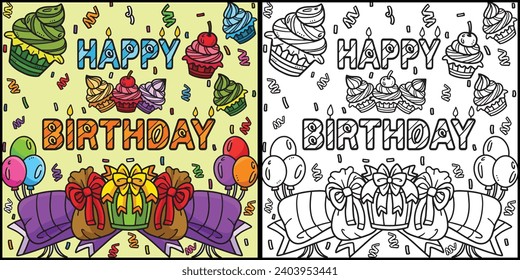 Happy Birthday Coloring Page Colored Illustration