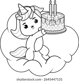 Happy Birthday Coloring Page with cute unicorn