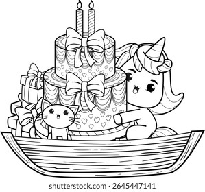 Happy Birthday Coloring Page with cute unicorn
