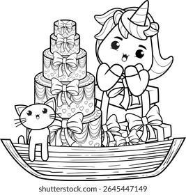 Happy Birthday Coloring Page with cute unicorn