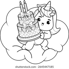 Happy Birthday Coloring Page with cute unicorn
