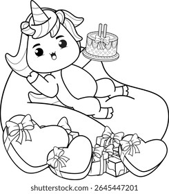 Happy Birthday Coloring Page with cute unicorn