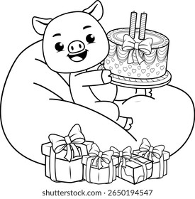 Happy Birthday Coloring Page with cute pig