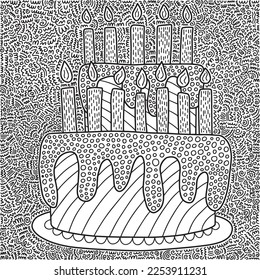 Happy birthday coloring page. Coloring page with doodle birthday cake and candles