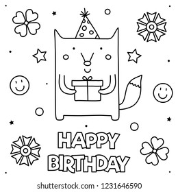 Happy Birthday. Coloring page. Vector illustration of a fox.