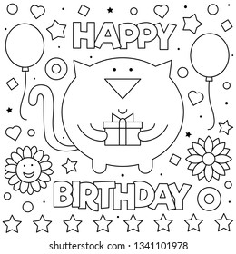 Happy Birthday. Coloring Page. Vector Illustration Of Cat.