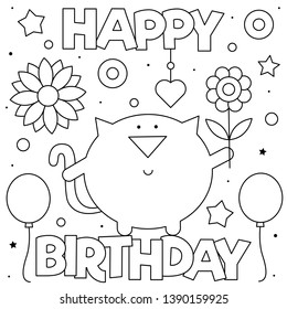 Happy Birthday. Coloring page. Vector illustration of cat.