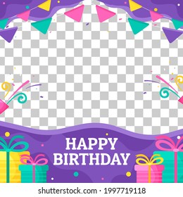 Happy birthday, colour vector frame. Inscription, gifts and sweet candy. Photo frame