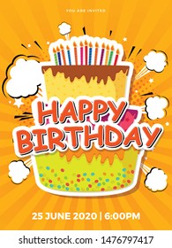 Happy Birthday Comic Style Greeting Card With Typography Vector Design for Invitation, Cards, Poster, Banner, Flyer, Web, Social Media with Cake