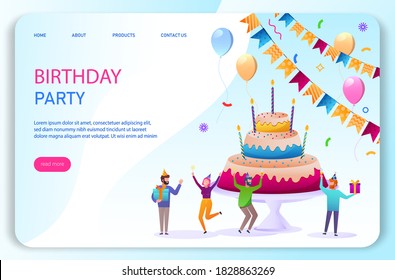 Happy Birthday. The Company Of Young People Celebrates The Holiday With A Cake And Gifts. Vector Illustration In A Flat Style