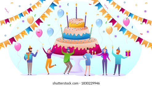 Happy Birthday. The company of young people celebrates the holiday with a cake and gifts. Vector illustration in a flat style