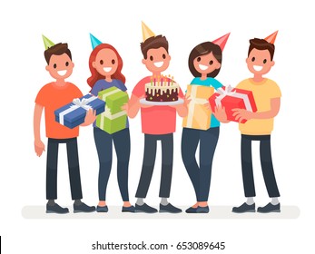 Happy Birthday. The company of young people celebrates the holiday with a cake and gifts. Congratulations to a friend. Vector illustration in a flat style