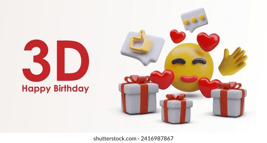 Happy birthday concept. 3D smiling emoticon, gifts, hearts, comments, icons. Greeting letters, wishes, likes. Cute poster with place for text, web template