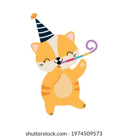 Happy Birthday Concept, Adorable Baby Animal Party Hat with Party Blower Whistle, Baby Shower Celebration Element Cartoon Vector Illustration