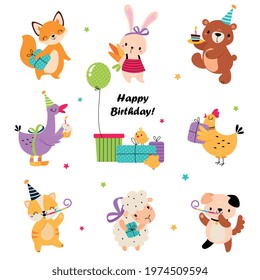 Happy Birthday Concept, Adorable Baby Animal Celebrating Holiday, Baby Shower Design Element Cartoon Vector Illustration